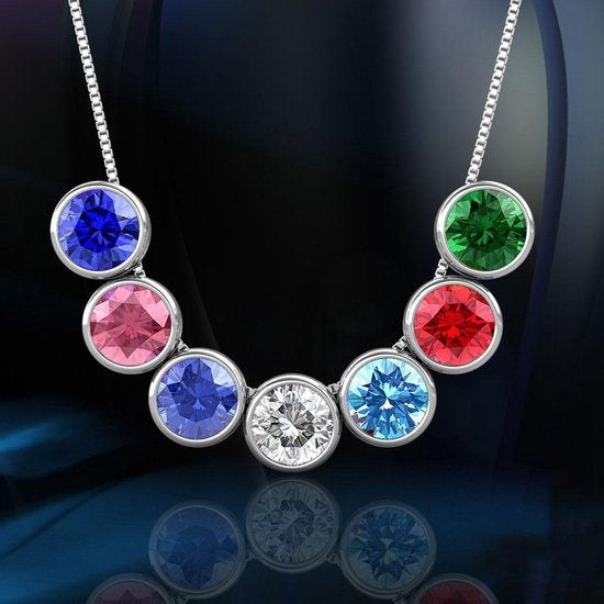 Yolora Dames Ketting met Hanger - 7 Gekleurde Kalpa Camaka Kristallen - Set van 7 - Zilverkleurig - 18K Witgoud Verguld - Mooie Cadeauverpakking - Moederdag Cadeautje