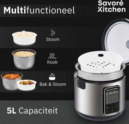 Savoré Kitchen MultiTaste Multicooker 5L met 24 kookfuncties - Multicookers - Rijstkoker - Stoomkoker - Touch Bediening
