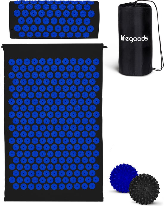 LifeGoods Acupressuur Mat met Kussen - Shakti mat - Spijkermat Incl. 2x Triggerpoint Bal - 60x40x2cm - Zwart/Blauw