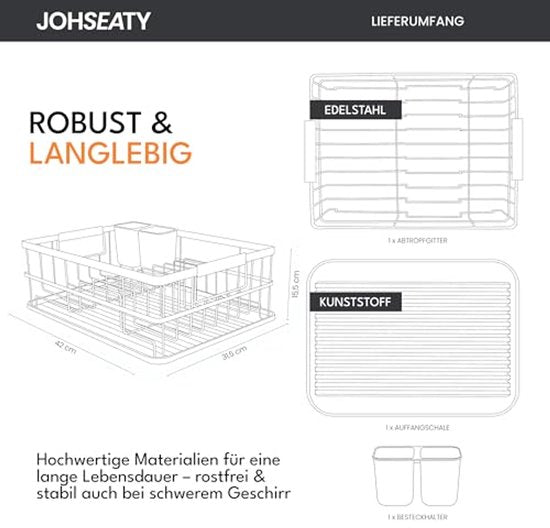 JOHSEATY afdruiprek met houten handvat - 42 x 32 cm, roestvrij met bestekhouder, afdruiprek, afdruiprek, keukenafdruiprek, afdruiprek