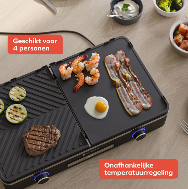 KitchenBrothers Elektrische Grillplaat KB4204 - 2400W - 2 Zones - Geribbeld & Vlak - Zwart - 50x30 cm