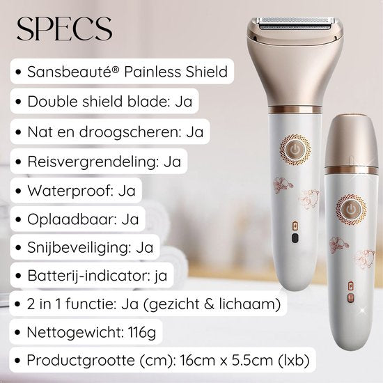 2-in-1 Ladyshave + 2 Extra Scheerkoppen - Gezicht - Oksels - Benen - Bikinilijn - Scheerapparaat Vrouw - Elektrisch Ontharen - Haarverwijderaar Dames - Trimmer Vrouw - Intieme Zone Schaamhaar - Ladyshaves Bikini