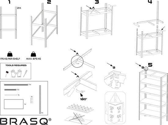 BRASQ Stellingkast Zwart Set van 2 - Metalen Opbergrek - voorraadkast - wandkast - Magazijnstelling 180x90x40 - 5 lagen - 175 KG per plank - max 875 KG