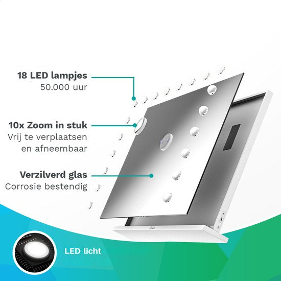 Mirlux Grote Hollywood Spiegel 80x60CM - 2 Bluetooth Speakers - USB & USB-C Oplaadporten - LED Verlichting - Make Up Spiegel - 10x Zoom - Ophangbaar - Wit