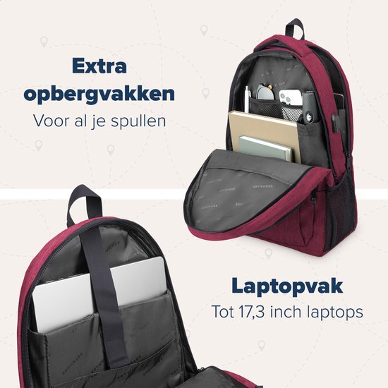 TRVLMORE Rugzak - Rugtas met 17,3 Inch Laptopvak - Schooltas - Spatwaterdicht - Heren en Dames - Jongens en Meisjes - 36L - Burgundy