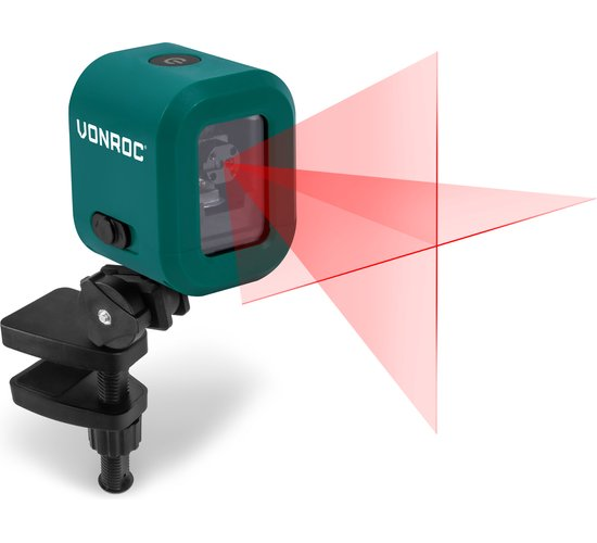 VONROC Kruislijnlaser– Rood – 4V accu – 1800mah - Zelfnivellerend – 10 meter bereik – Incl. bevestigingsbeugel, USB-C kabel & opbergtas