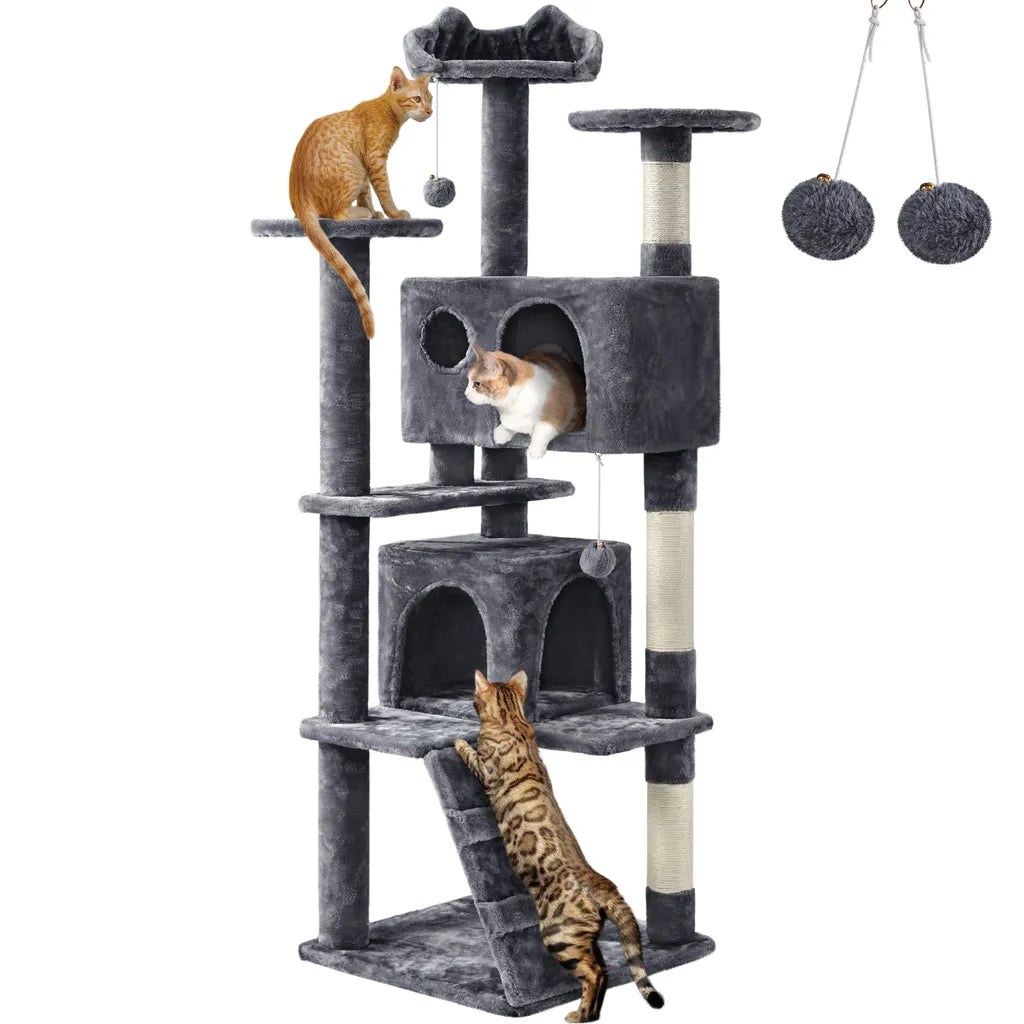 Yaheetech Krabpaal Donkergrijs – 158 cm Hoog – Met 3 Uitkijkplatforms en 2 Kattenhuisjes
