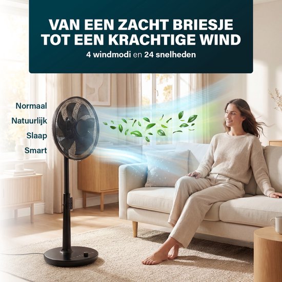 Princess DC Staande Ventilator - Extra Stil - ⌀40cm - 24 snelheden - In Hoogte Verstelbaar – 4 windmodi – 1‑24 uur timer – 90° Oscillatie – Met Afstandsbediening - 354860