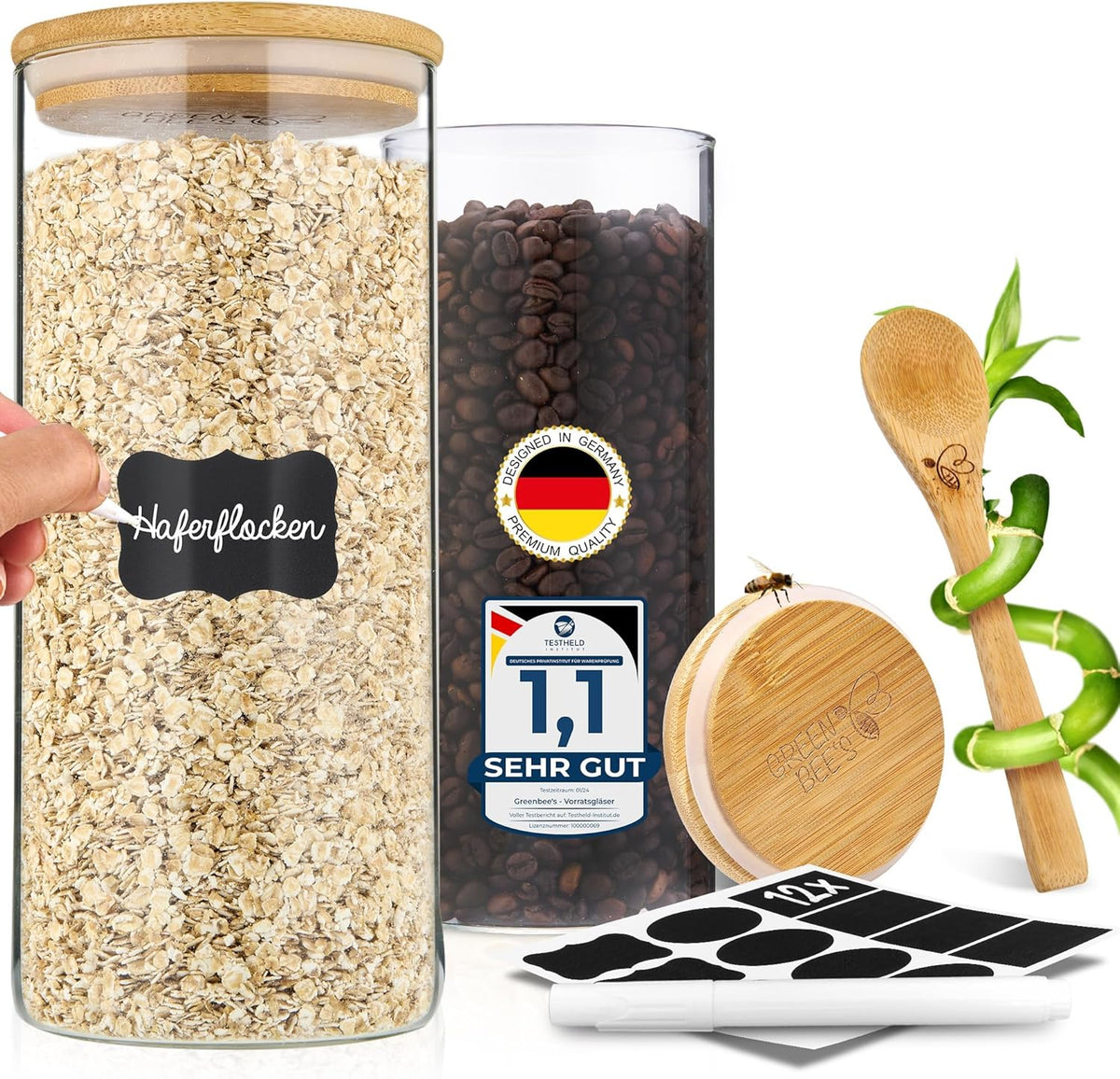 GREEN BEE`S voorraadpot groot - 2x1500ml Nieuw model - Perfect voor lade & apothekerskast - Duurzame voorraadpotten met luchtdichte deksels - Voor bloem, suiker, pasta, koffie & havermout