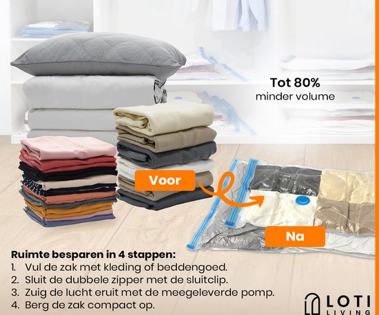 Loti Living Vacuümzakken Set – 14 Stuks / 4 Maten – Incl. Handpomp – Herbruikbare Opbergzakken voor Kleding, Dekbedden & Reizen – Bespaart tot 80% Ruimte