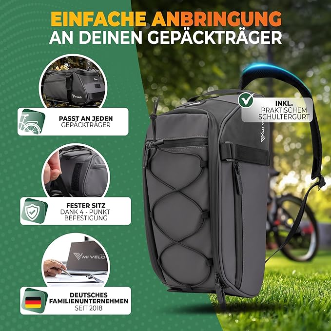 MIVELO - Fietstas – 3-in-1 Rugzak & Schoudertas – Waterdicht & Reflecterend – 9 liter – Donkergrijs