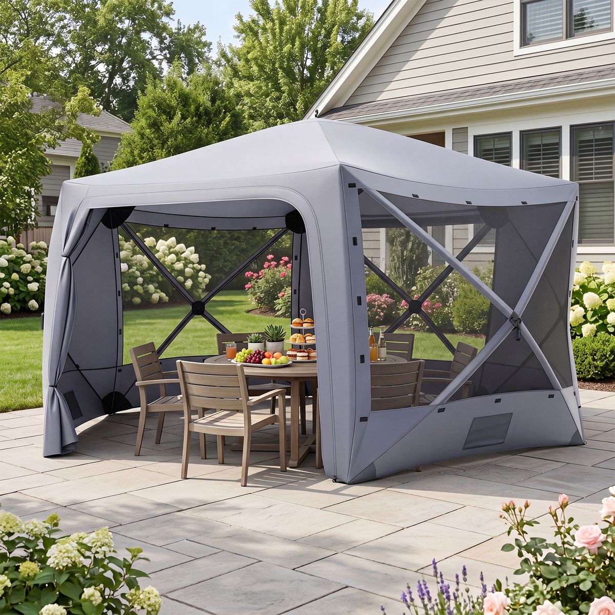 Coast Pop-up Tuinpaviljoen - zeshoekig - met 6 zijwanden en muskietennetten - grijs 427 x 427 cm