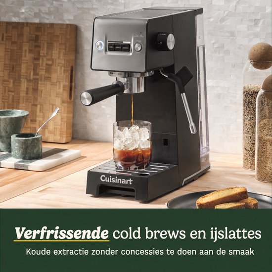 Cuisinart Slim Espresso Pistonmachine voor Espresso Americano en Cold Brew met Geïntegreerde melkopschuimer voor Latte en Cappuccino 15 bar druk bodemloze portafilter Compact design geschikt voor reismokken 1.5L waterreservoir