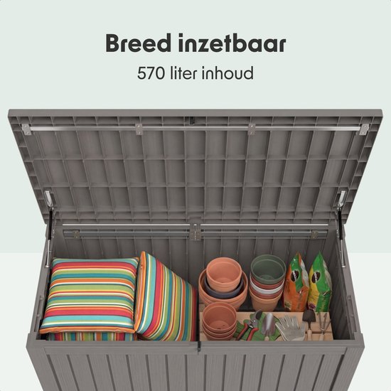 LifeGoods Opbergbox - 570L - Kussenbox - Waterdicht - Tuinkussenbox - Roestvrij - Tuinbox - 137,5x66,5x72,8 cm - Grijs