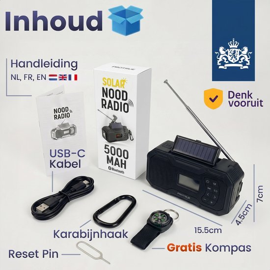 Noodradio Solar Opwindbaar - FM / AM Nood Radio - 5000 mAh Powerbank Zonneenergie - Bouwradio Speaker - Badkamer Radio - Noodpakket
