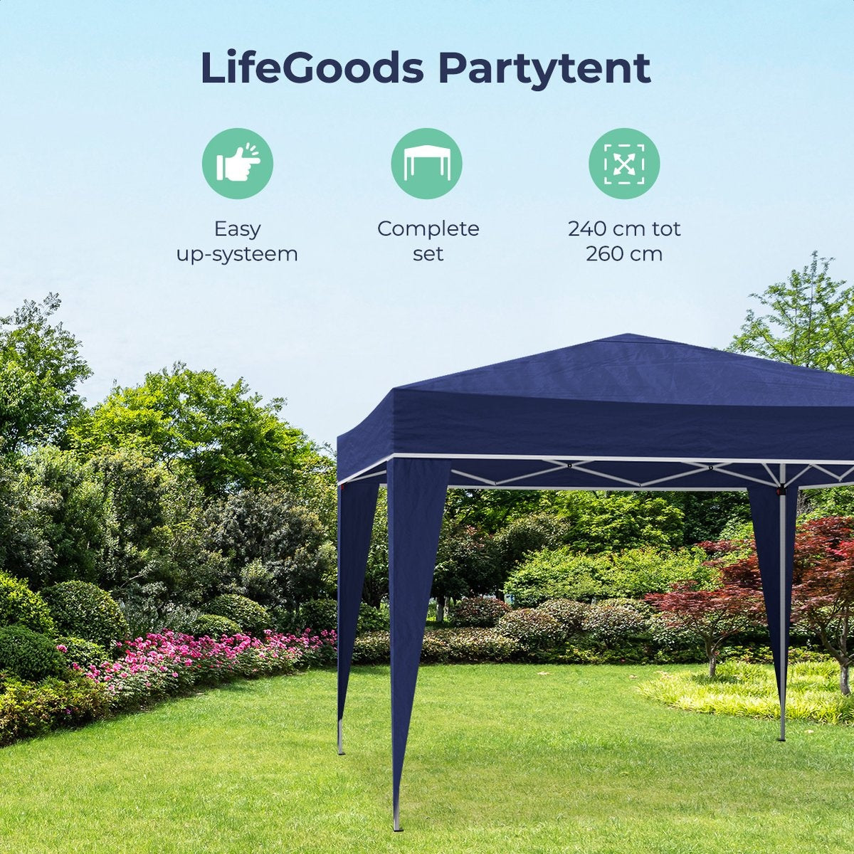 LifeGoods Partytent - Paviljoen - EasyUp - Opvouwbaar - Waterdicht - Met Draagtas - 300 x 300 cm - Blauw