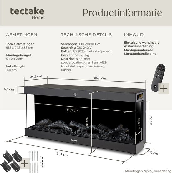tectake® Wandhaard - Elektrische Haard - Sfeerhaard - 900W & 1800W - Bediening met Afstandsbediening of App - met Thermostaat - Kachel - met Verwarming - Haarden - met Hout en Gloeieffecten - 3D Vlammen - Timer - 9 Kleuropties