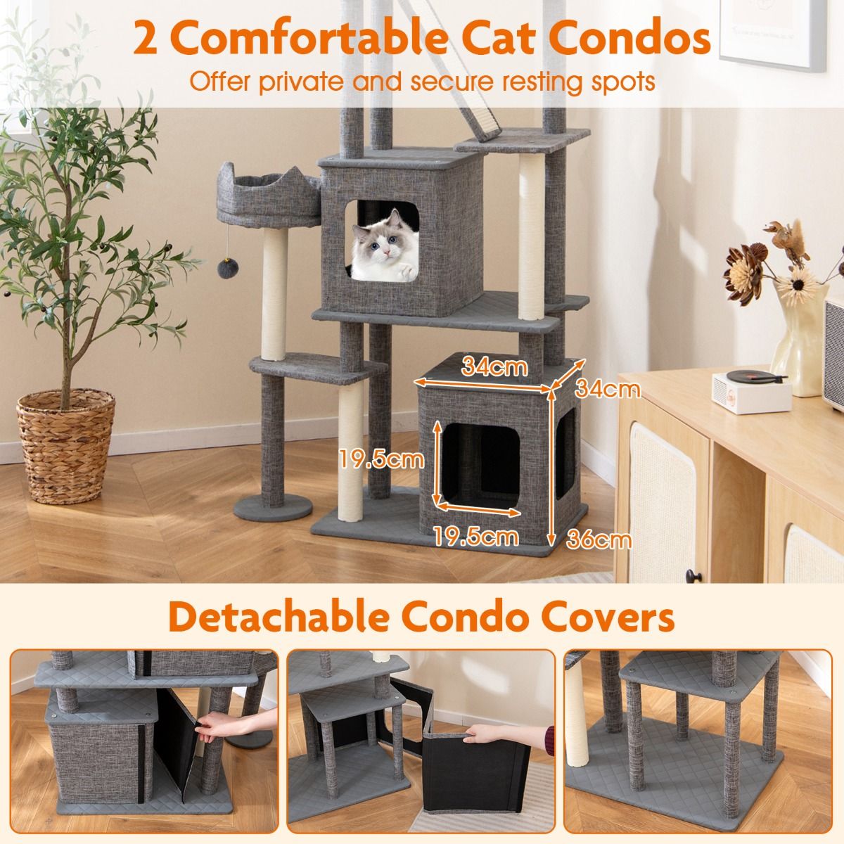 Coast Krabpaal Kattenboom - 2 kattenhuisjes - speelplatforms en kattenbed - grijs - 180 cm