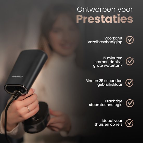 FLOWSTEAM® Luxe Kledingstomer - Handstomer & Reisstomer - Stoomapparaat Kleding - 25 Min Stomen - Matte Black Edition