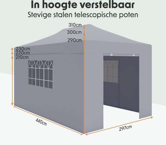 LifeGoods Partytent - Paviljoen - 3x4,5 m - Zijwanden - Easy Up - Opvouwbaar - Waterdicht - Draagtas met Wieltjes - Donkergrijs