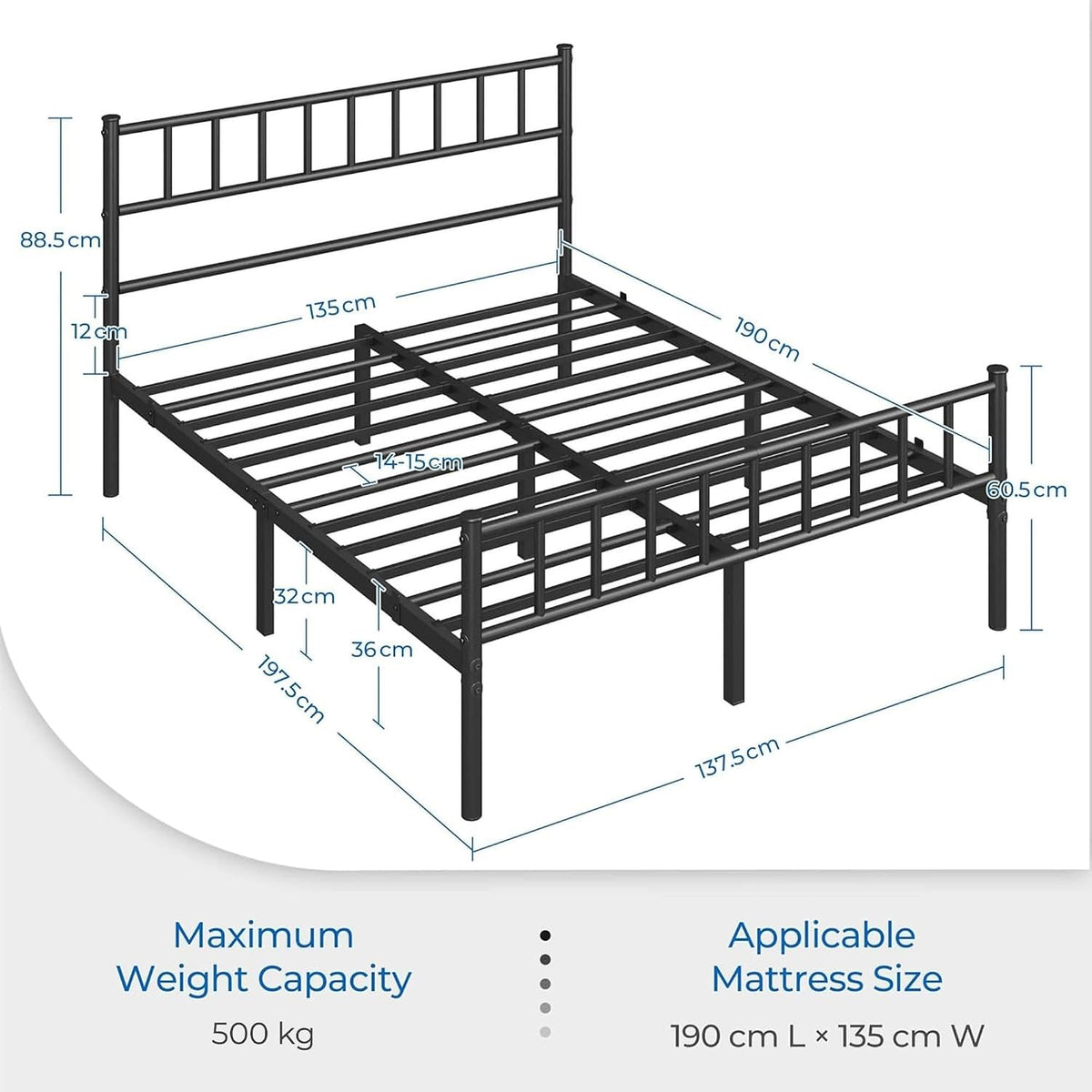 Yaheetech Bedframe 4ft6 - 500 kg - Met Hoofdbord - 32 cm Onderbedopslag - Zwart