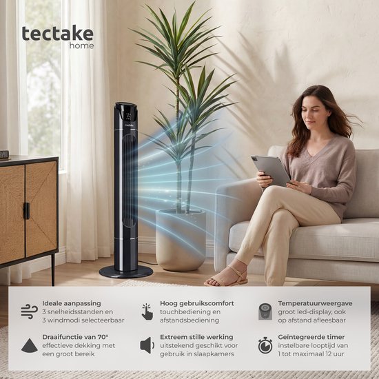 tectake® Grote Ventilator met Afstandsbediening - 110 cm - Oscillerende Ventilator met 3 Snelheden - Torenventilator - Stille Staande Ventilator met Verschillende Windmodi + Timer - Luchtkoeler - Zwart