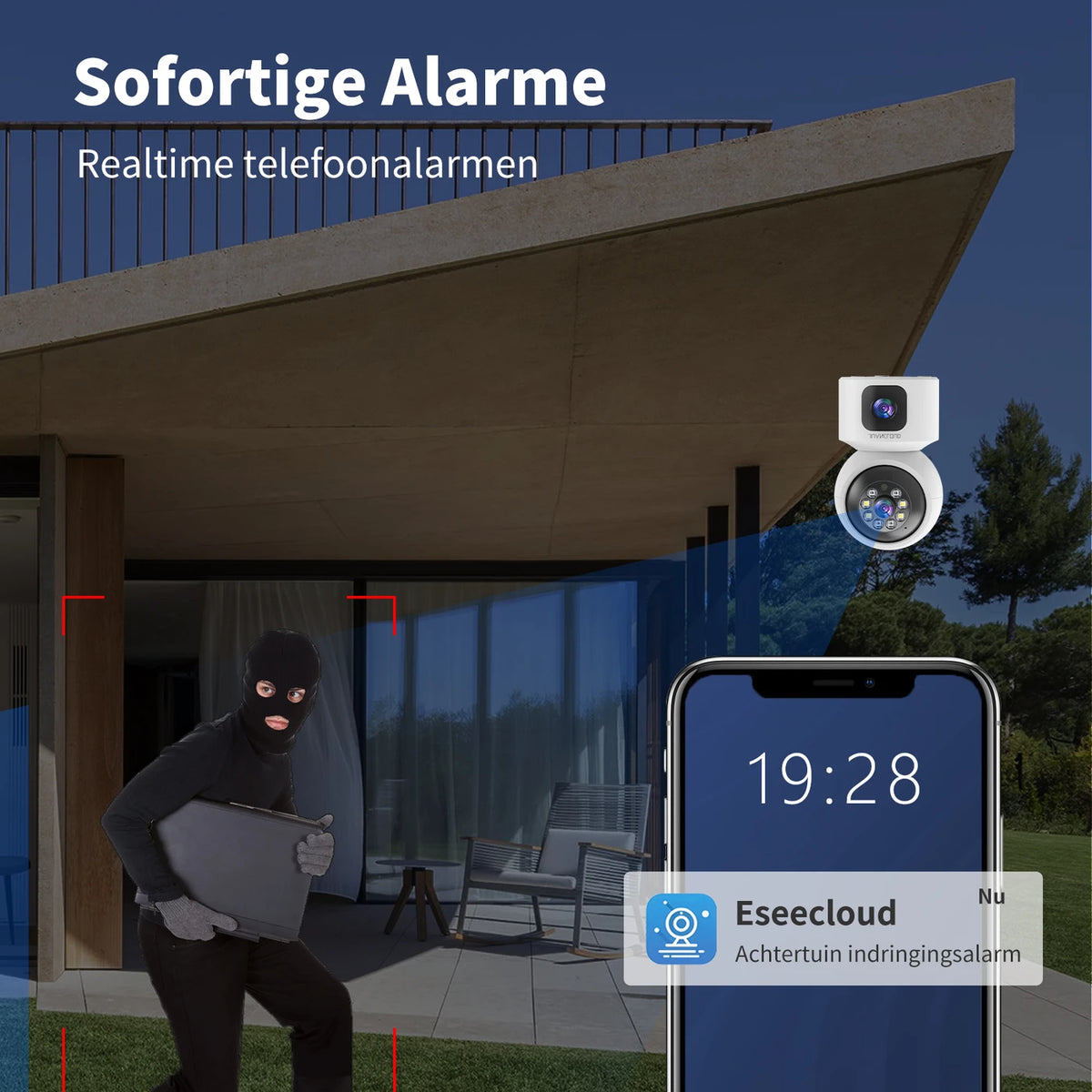 Juancloud Beveiligingscamera voor Binnen met Dubbele Lens - 2K Ultra HD met Nachtzicht - Tweewegaudio en AI-bewegingsdetectie - Wit