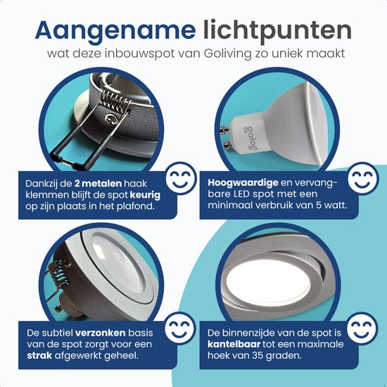 Gologi Slimme Inbouwspots - Slimme LED Downlight Dimbaar - Kantelbaar - Warm Wit Licht - Gu10 LED Lamp - Wit