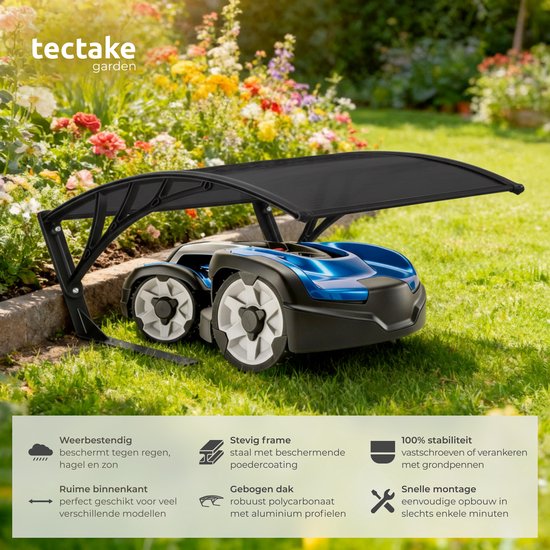 tectake® Garage voor Robotmaaier - Grasmaaier Carport - Robot Maaier Laadstation Afdak - Weerbestendig - 81 x 100 x 48 cm - Inclusief 4 Grondpennen - Zwart
