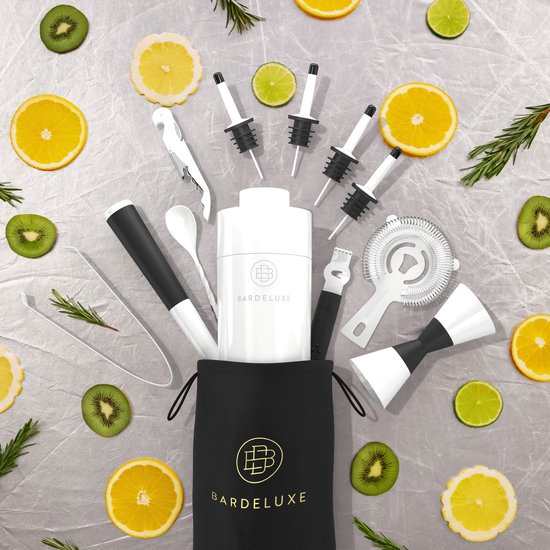 BarDeluxe® Cocktail Set - 12-Delig - Cocktailshaker 750 ml - Roestvrij Staal - Inclusief Luxe Geschenkdoos - Opbergtasje & Receptenboek - Wit