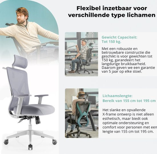 Backerz – Ergonomische Bureaustoel – 44-56 cm Zithoogte & EN1335 Gecertificeerd – Voorzien Van 3D Armleuningen En Verstelbare Lendensteun – Voor Kantoor En Gaming – Wit/Grijs Polypropeen En Mesh