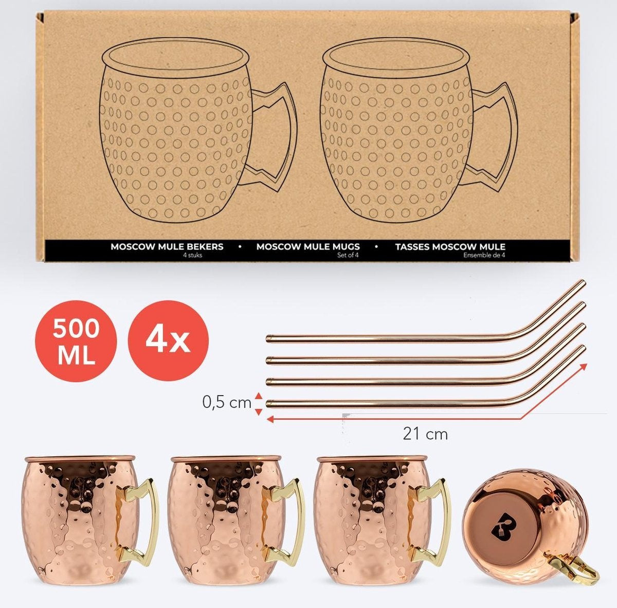 KitchenBrothers Moscow Mule Bekers - Cocktailglazen met Rietjes - 4 Stuks - Verkoperd - 500ML
