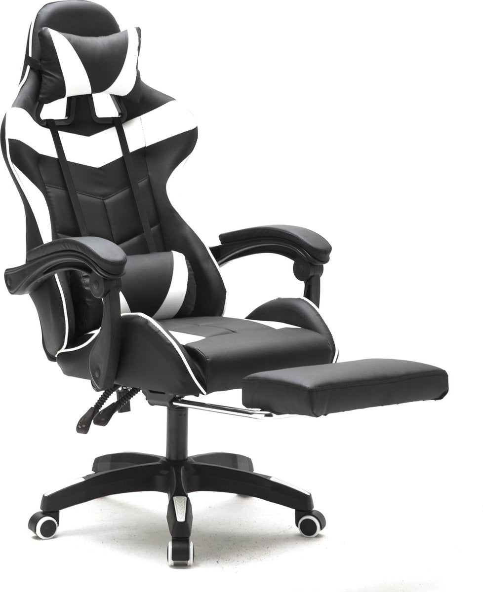 VDD Gamestoel - Uitschuifbaar - Max. 110kg - Incl. Nekkussen - 128 x 63 x 50cm - Zwart & Wit