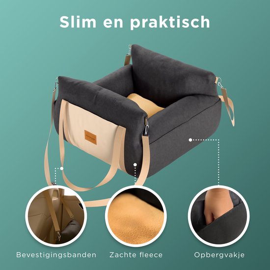 CozySense® Honden Autostoel - Hondenmand Auto voor Kleine Hond - Voorbank & Achterbank - Wasbare Hoes & Ook als Draagtas - Zwart/Beige