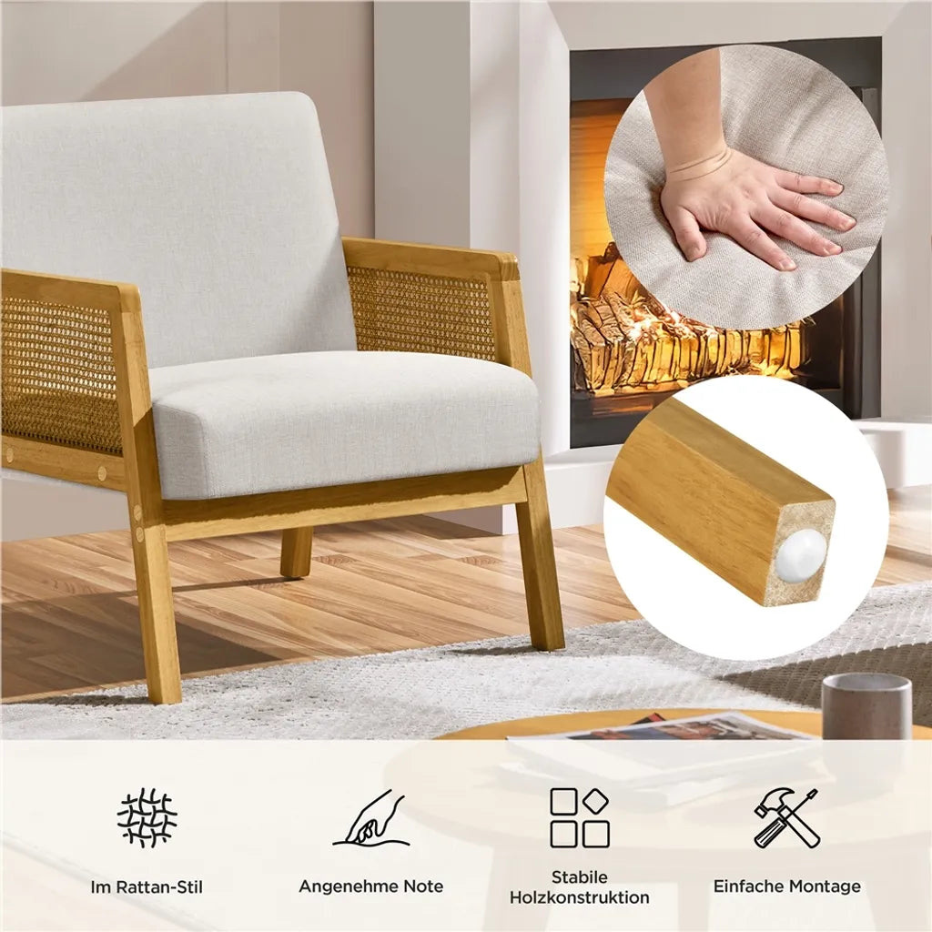 Yaheetech Fauteuil 65,5 x 71 x 74,5 cm - Beige - Gestoffeerde Lounge Chair met Rotan Armleuningen