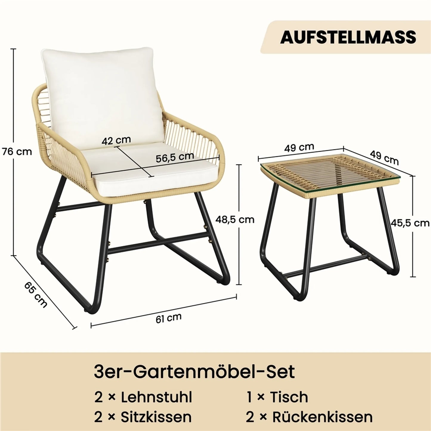 Yaheetech Bistroset Tuinset 3-Delig – 61 x 65 x 76 cm – Voorzien Van Handgeweven PE-Rattan En Glazen Tafelblad En Inclusief Zit- En Sierkussens – Voor Balkon En Terras – Lichtbruin En Metaal
