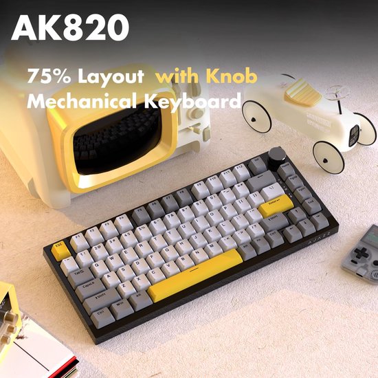 Ajazz AK820 - 75% Bedraad RGB Gaming Toetsenbord - Mechanisch - Gasket - Hot Swap - Volumeknop - QWERTY Toetsenborden- 82 Keys - Maanlicht geel