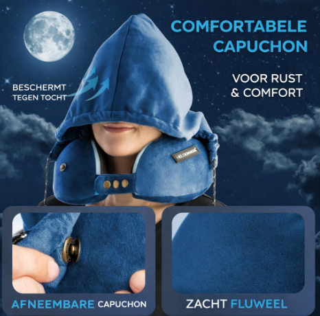 Heldenwerk nekkussen met capuchon – 6-voudig verstelbaar – Wasbaar – Navy Blue