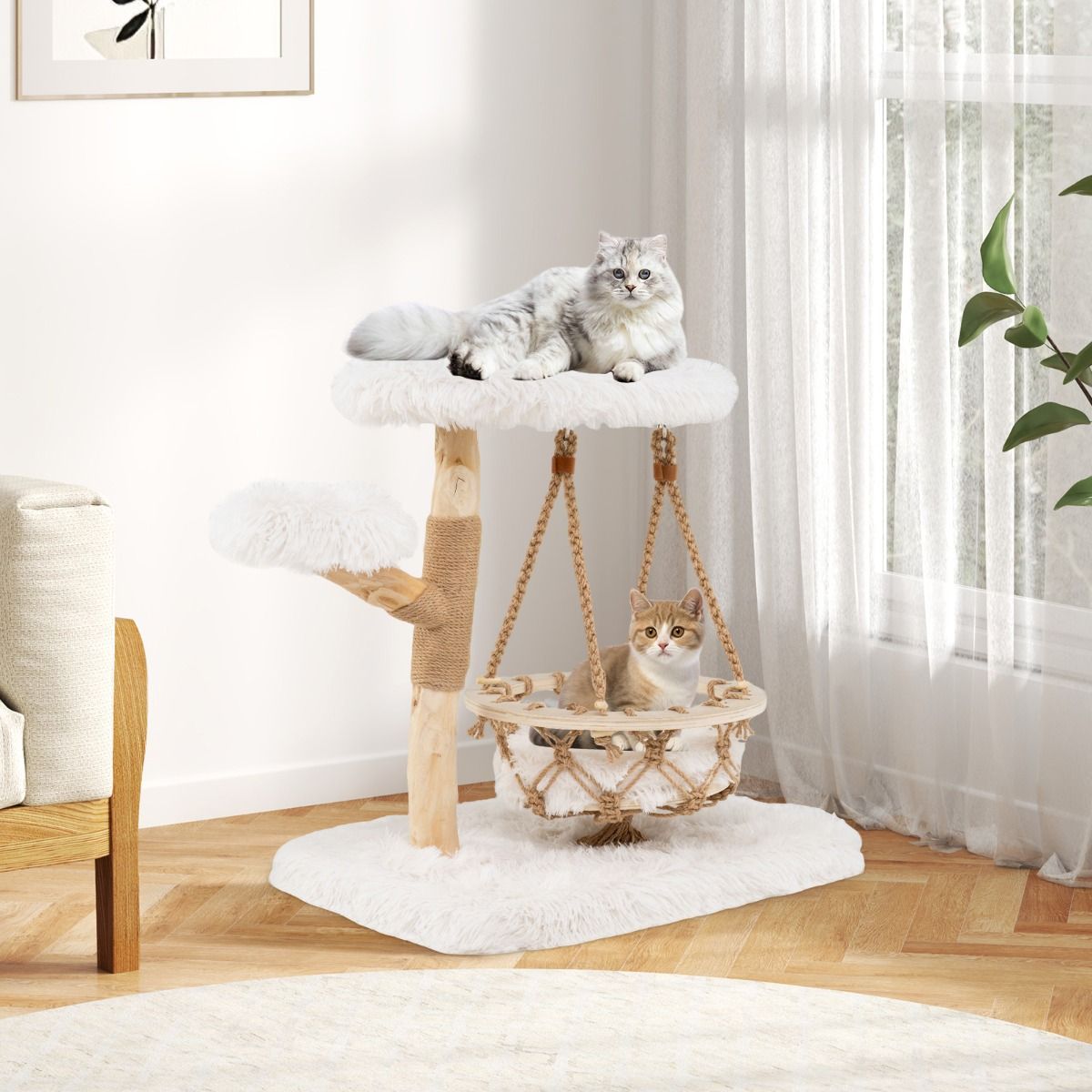 Coast Krabpaal voor Katten - Massief hout met hangwieg en sisal - Natuur en wit - 64 x 44 x 66 cm