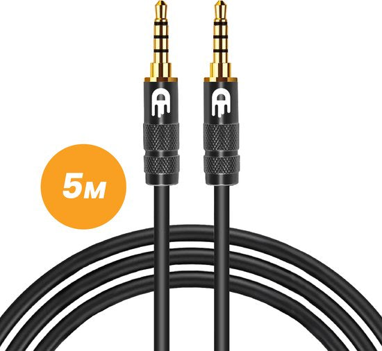 Drivv. AUX-kabel 3,5 mm - Jack naar Jack - 4-polige audiokabel - Verguld - Male naar Male - PVC - Zwart - 5 meter