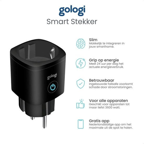 Gologi Slimme stekker buiten - Smart plug - IP44 - Tijdschakelaar & Energiemeter - WIFI - Google Home & Amazon Alexa - Zwart
