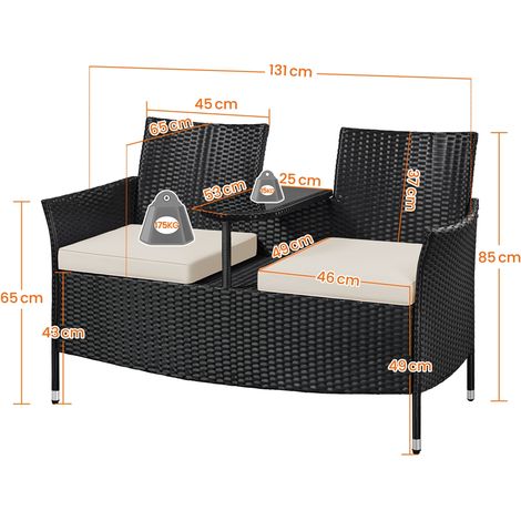 Yaheetech 2-persoons tuinbank - Met glazen tussentafel - 131 x 65,5 x 85 cm - Zwart/beige