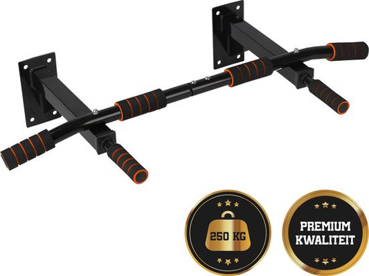 TTD® Premium Pull Up Bar - Pull Up Station - Optrekstang Wandmontage - Dip Station - Dip Bars - Thuis Sporten - Thuis Fitness - Premium materialen - Extra stevige tot 250KG - Inclusief montage onderdelen - Home workout - Zwart/Oranje
