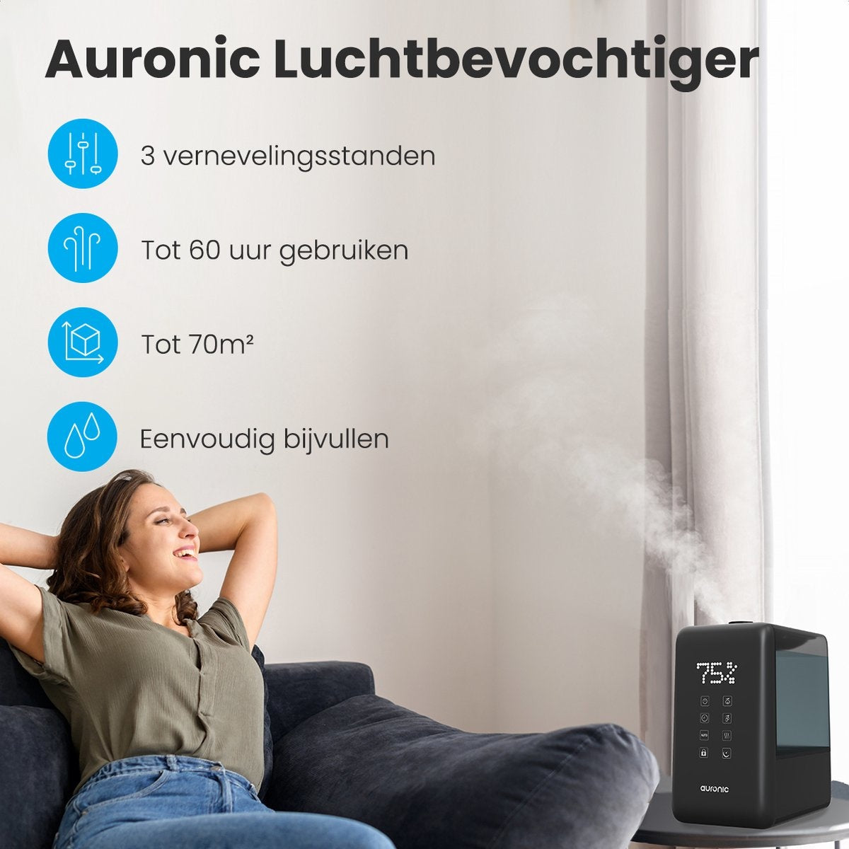 Auronic Luchtbevochtiger - 3 Vernevelingsstanden - 6L Tankcapaciteit - 60m2 - Inclusief Waterfilter - Zwart