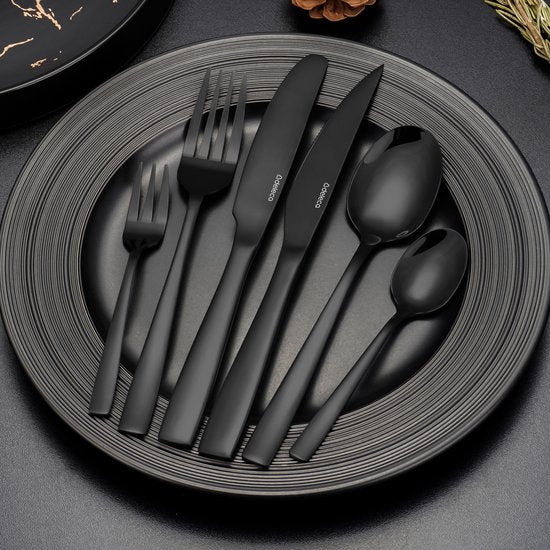 Deleca 12 Persoons Bestekset Essential (72-delig) - Lepels, Messen, Vorken, Steakmessen & Gebaksvorkjes - Vaatwasserbestendig Bestek - Glanzend Zwart / Edelstaal