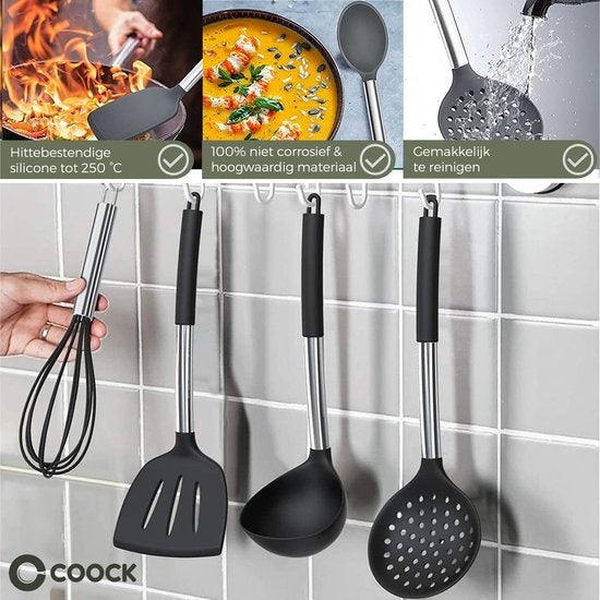 COOCK Keukengerei Set met Houder XL - Kookgerei Set 17 delig - Siliconen - BPA-Vrij & Plastic Vrij - Ophangbaar - Incl. Opener