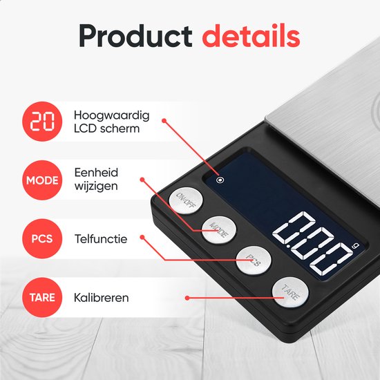 Kitchenwell digitale mini precisie keukenweegschaal - 0,01 tot 200 gram - 14.2 x 7.5 cm - pocket scale USB oplaadbaar - weegschaal keuken - zwart