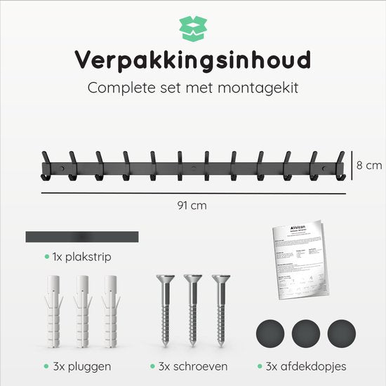 Volcan Wandkapstok - 24 Haken - Muur Kapstok Hangend met 3M Tape - Industrieel - Zwart RVS