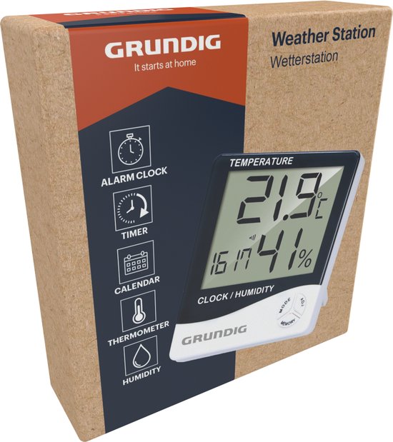 Grundig Weerstation Digitaal - Thermometer Binnen en Buiten met Hygrometer - Weerstation Binnen en Buiten met Klok en Alarm - LCD Display - 9.5 x 10.5 x 2 cm - Wit/Zwart