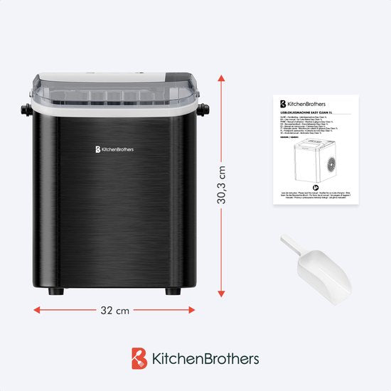 KitchenBrothers IJsblokjesmachine - 1.5L - IJsblokjesmaker - IJsschep – 12kg/24 uur - Draagbaar - Zelfreinigingsfunctie - Gunmetal RVS